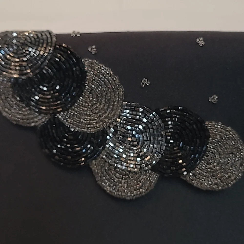 La Regale Vintage Black Satin Bag with Cord Beaded Circles - Stunning!